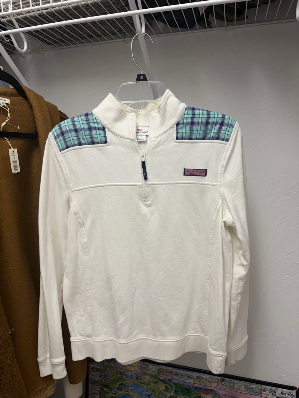 Vineyard Vines Cream 1/4 Zip Pullover with Blue-Green Plaid Yoke